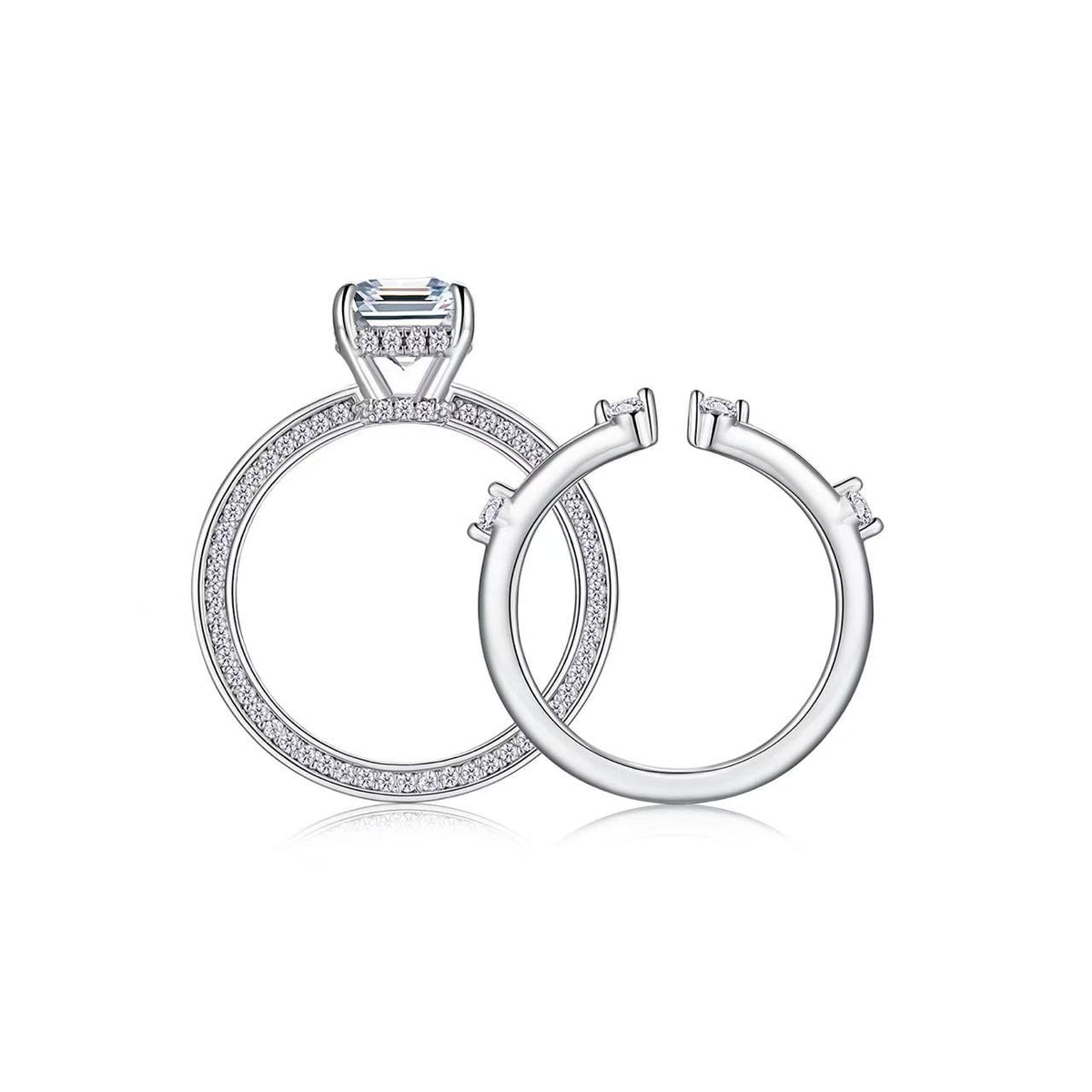 Model wearing Lotus emerald-cut moissanite engagement ring, elegant styling