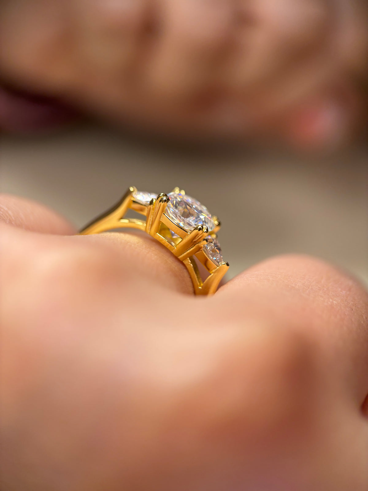 Charis Cushion-Cut Three-Stone Moissanite Ring