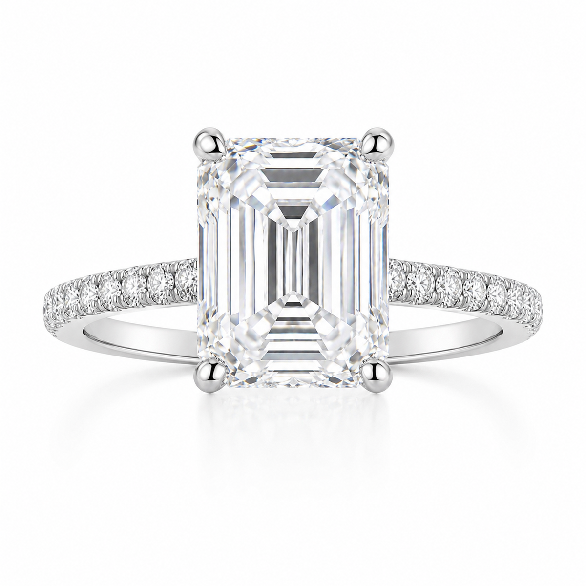 Detail view of Aurora Asscher-cut moissanite engagement ring four-prong setting