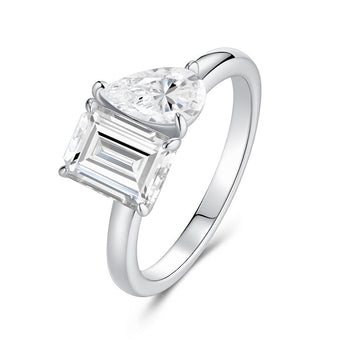 Gemina Toi et Moi moissanite ring — pear and emerald cut in rhodium-plated 925 sterling silver