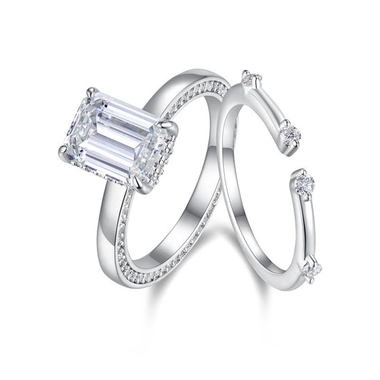 Front view of Lotus emerald-cut moissanite solitaire engagement ring